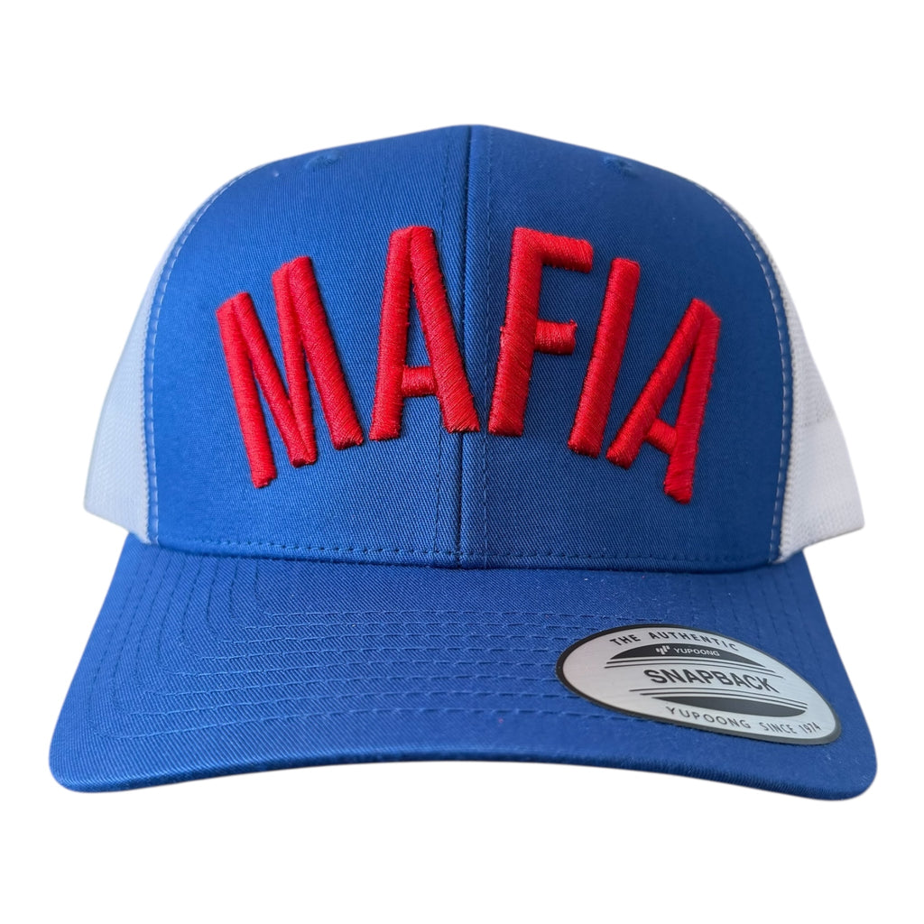 BILLS MAFIA 3D EMBROIDERED ROYAL BLUE & WHITE MESH TRUCKER CAP