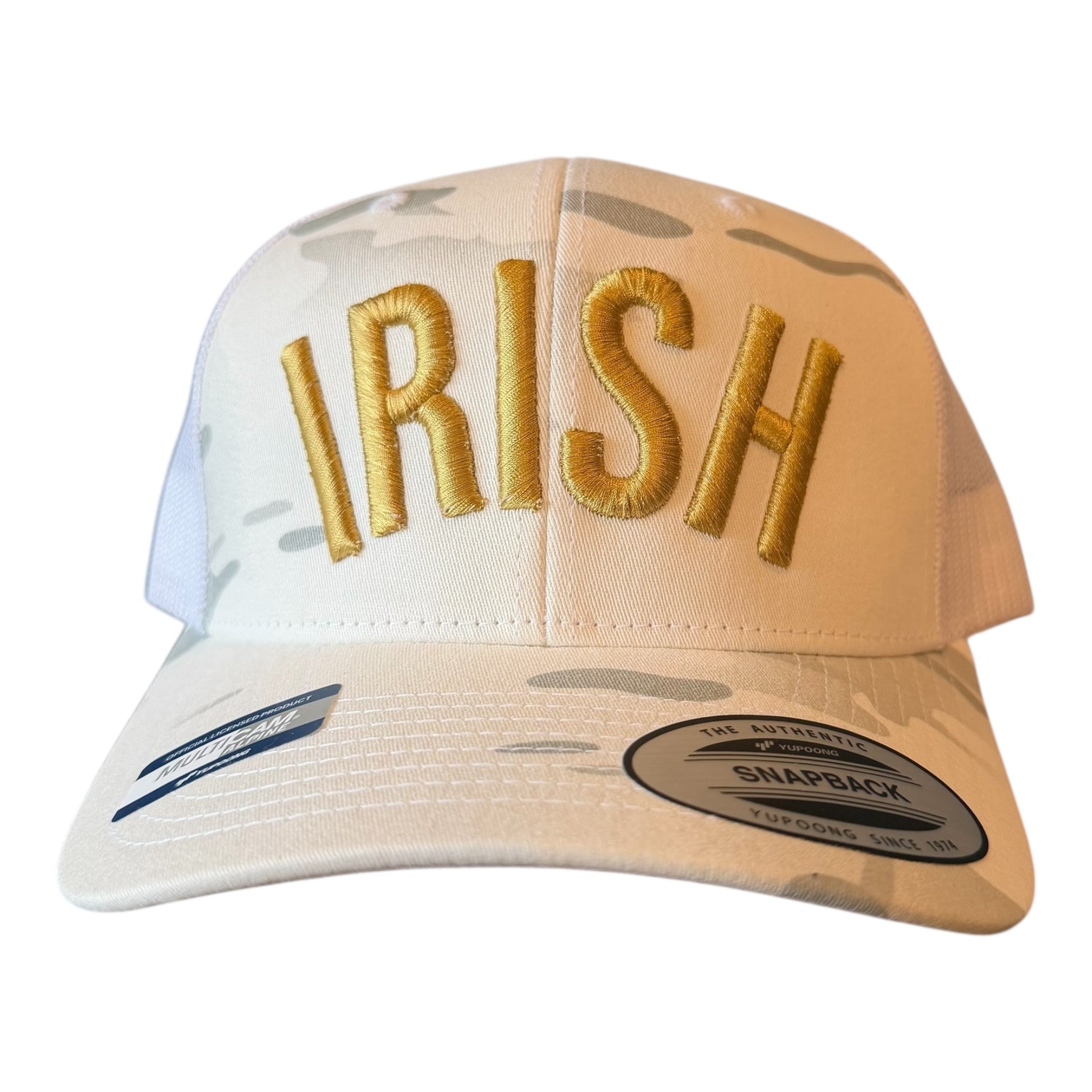 NOTRE DAME "IRISH" MULTI CAMO ALPINE WHITE MESH TRUCKER CAP
