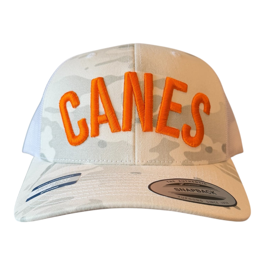 MIAMI "CANES" MULTI CAMO ALPINE WHITE MESH TRUCKER CAP